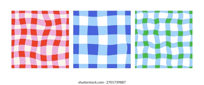 Conjunto de padrões coloridos sem emenda com verificações vichy. Planos de fundo quadriculados planos vetoriais em estilo moderno contemporâneo. Desenhos divertidos e ingênuos para embrulhar papel, têxteis, embalagens, etc.