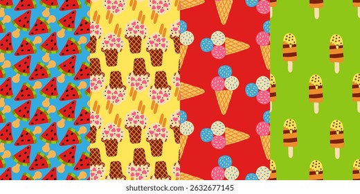 Set of colorful seamless summer patterns featuring playful ice cream, popsicles, watermelon slices, and desserts - perfect for textiles, wrapping paper, wallpapers, and children’s designs.
