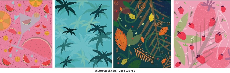 Set of colorful seamless summer patterns featuring tropical fruits, palm trees, leaves, and seasonal vibes. Perfect for prints, textiles, packaging, and digital designs.