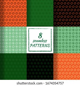 Set of Colorful seamless vector pattern with clover leaves, shamrock, and Horseshoe on a backdrop for St. Patrick's Day. Spring fest background for greetings card, decor, flyer, print, packaging, etc.