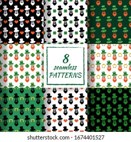 Set of Colorful seamless vector pattern with clover leaves, hat, head man and Horseshoe on a backdrop for St. Patrick's Day. Spring fest background for greetings card, decor, flyer, print, packaging.