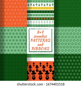 Set of Colorful seamless vector patterns and ribbons with clover leaves, hat, head man and Horseshoe for St. Patrick's Day. Spring fest background for greetings card, decor, flyer, holiday design etc.