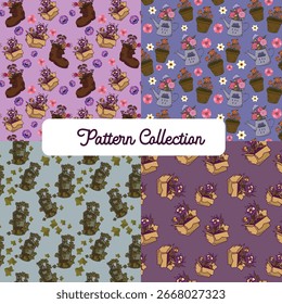 Set of colorful seamless vector patterns with plants and flowers