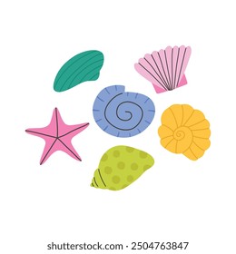 Set of colorful seashells, cartoon flat vector illustration isolated on white background. Hand drawn shells, summer vibes, beach vacation.