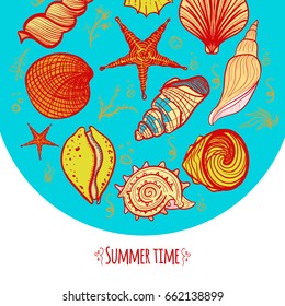 Set of colorful seashells in a circle. Creative hand drawn doodle seashells, starfish, seaweed and coral. Seashells concept vector illustration.