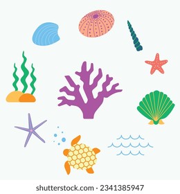 Set of colorful seashells, corals, sea ​​turtle, starfish and waves. Modern flat illustration isolated on white background.