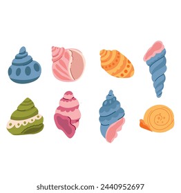 Set of colorful seashells isolated on white background. Vector illustration.