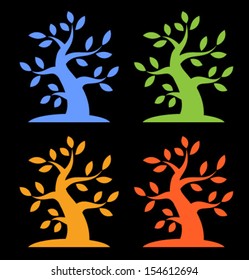 Set of Colorful Season Tree Bold icons on black background, vector illustration 