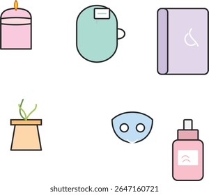 A set of colorful self-care doodle icons in a modern sticker style. Includes tea, plant, candle, and journal vectors for wellness concepts.