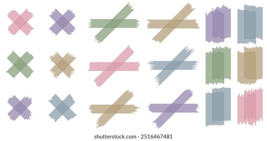 Set of colorful semi-transparent washi tapes isolated on white. Washi tapes collection in vector. Pieces of decorative tape for scrapbooks. Torn paper