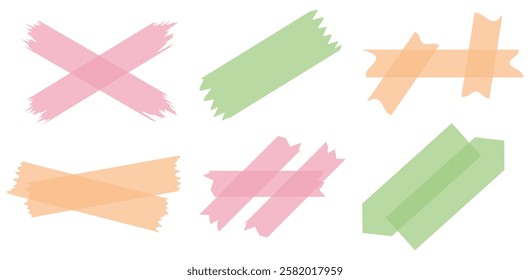 Set of colorful semi-transparent washi tapes isolated on white. Tapes collection in vector. Pieces of decorative tape for scrapbooks. Torn paper. Green, pink, orange