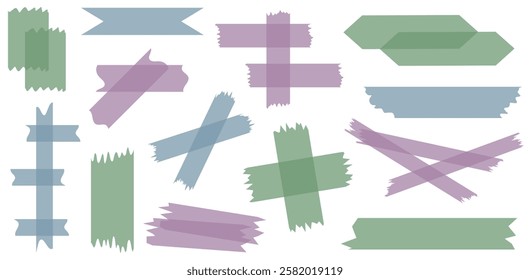 Set of colorful semi-transparent washi tapes isolated on white. Tapes collection in vector. Pieces of decorative tape for scrapbooks. Torn paper. Green, purple, blue