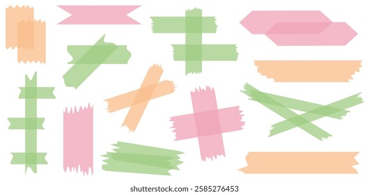 Set of colorful semi-transparent washi tapes isolated on white. Tapes collection in vector. Pieces of decorative tape for scrapbooks. Torn paper. Green, pink, orange