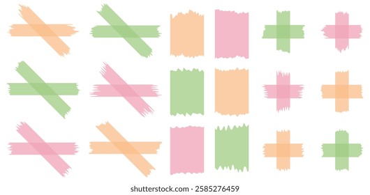 Set of colorful semi-transparent washi tapes isolated on white. Tapes collection in vector. Pieces of decorative tape for scrapbooks. Torn paper. Green, pink, orange