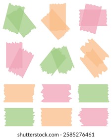 Set of colorful semi-transparent washi tapes isolated on white. Tapes collection in vector. Pieces of decorative tape for scrapbooks. Torn paper. Green, pink, orange