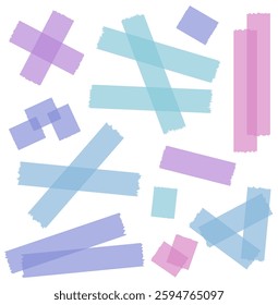 Set of colorful semi-transparent washi tapes isolated on white. Tapes collection in vector. Pieces of decorative tape for scrapbooks. Torn paper. Blue, purple, pink