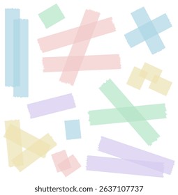 Set of colorful semi-transparent washi tapes isolated on white. Tapes collection in vector. Pieces of decorative tape for scrapbooks. Torn paper. Red, blue, green, yellow, purple