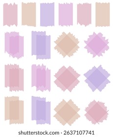 Set of colorful semi-transparent washi tapes isolated on white. Tapes collection in vector. Pieces of decorative tape for scrapbooks. Torn paper. Red, purple