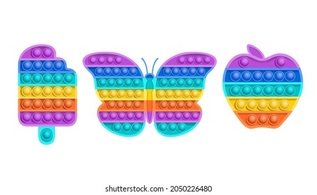 Set of colorful sensory fidget toys of various shapes. Butterfly, apple and ice cream. Vector illustration