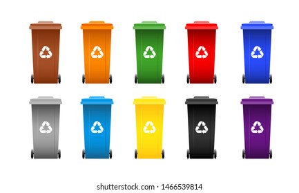 Set of colorful separation waste bins with recycle signs. Collection of cans isolated on white background. Vector illustration.