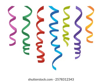 Set of colorful serpentine. Festive curly paper ribbons. Christmas or birthday decoration. Hand drawn vector illustration isolated on white background. Modern flat cartoon style.