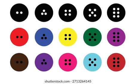 Conjunto de coloridos Botones de costura con varios diseños de agujeros en un diseño de cuadrícula sobre fondo blanco