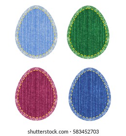 Set of colorful sewing denim patches with stitch and fringe in Easter egg shape. Blue, red and green fabric with place for your text isolated on white background
