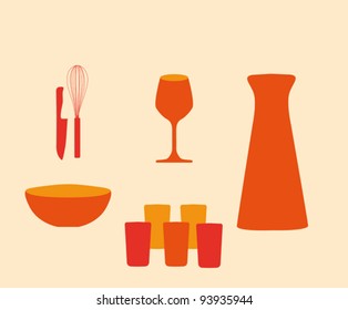 Set of colorful shaded cutlery and tableware isolated on cream background.