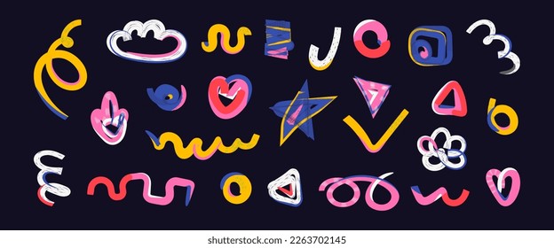 Set of colorful shapes and doodle objects. Abstract geometric elements with texture. Hand drawn modern vector illustration. All figures are isolated