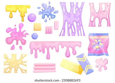 Set of colorful shapes in flat cartoon design. This image showcases a variety of colorful shapes including slime, splashes, and candies, all designed in a cheerful style. Vector illustration.