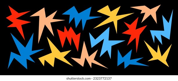 Set of colorful sharp irregular shapes on dark background. Abstract bright geometric edgy elements collection. Asymmetric angular forms for banners, collages, posters, stickers. Design bundle vector.