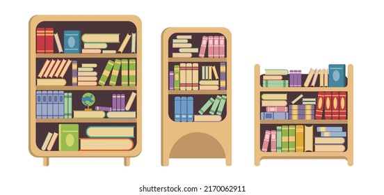 Set colorful shelves with books in cartoon style. Vector illustration of shelves for a library or apartment interior on white background.