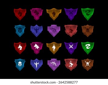 set of colorful shield icon for emblem, badge, icon fantasy rpg game with role, class, animal symbol
