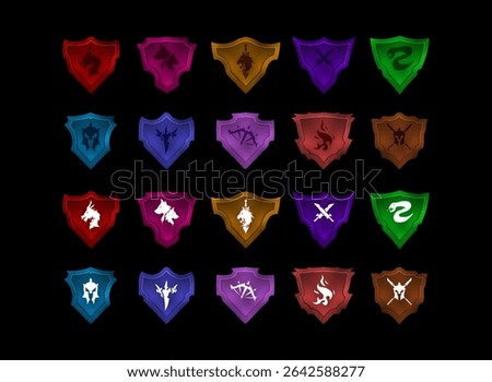 set of colorful shield icon for emblem, badge, icon fantasy rpg game with role, class, animal symbol