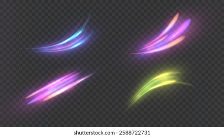 Set of colorful shimmering comets. Magical light movement effect. Magical light effect for web design and fairytale decoration. Vector