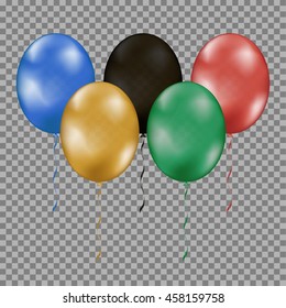 Set of colorful shine air balloon with ribbon isolated on transparent background. Real fly helium vector template for Birthday, holiday, olympiad. Trendy decoration illustration. 