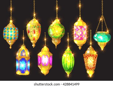 Set of colorful shiny arabic lanterns. Ramadan Kareem. Islamic colorful glowing vector background. Black.