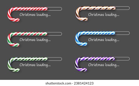 Set of colorful shiny Christmas loading bars made of sweet realistic candies on grey background. Vector illustration.