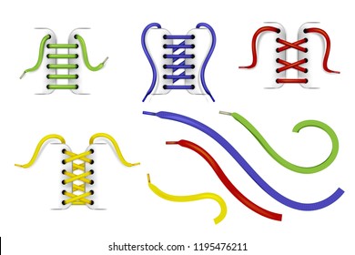 Set of colorful shoelaces untied and laced in holes with various methods or techniques, realistic vector isolated on whiter background. Web design elements with shoestrings