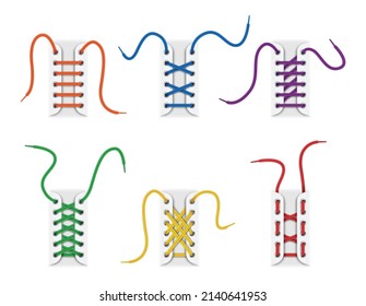 Conjunto de cordones coloridos desatados y empinados en agujeros con diversos métodos o técnicas aislados en fondo blanco. Arcos realistas con línea cruzada, recta y curva. Ilustración del vector