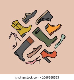 Set of colorful shoes and boots for women and men. Vector illustration. Collection for shops and fashion. Cartoon flat style. 