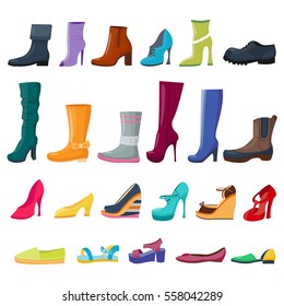 Set of colorful shoes and boots for women and men. Vector illustration. Collection for shops and fashion. Cartoon flat style