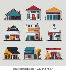 Conjunto de edificios de tiendas de colores vectores aislados