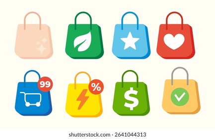 Set of colorful shopping bag icons with ecommerce symbols like heart, star, tag, dollar sign, and check mark. Modern flat design, ideal for online stores, retail apps, and marketing materials.
