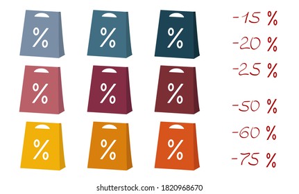 Set of colorful shopping bags with a percent signs, for purchases and sales. Isolated on white. Vector illustration.