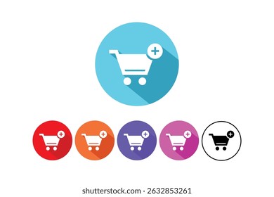 Set of colorful shopping cart icons with plus sign representing add to cart action