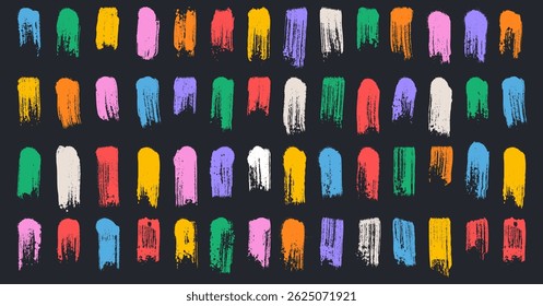 Conjunto de traçados de pincel de arte curta coloridos. Design de banner ingênuo para crianças. Traços artísticos verticais regulares. Textura grossa grunge grossa linhas de tinta, pinceladas, textil, tecido, papel de embrulho