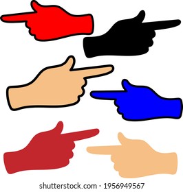 a set of colorful signs. pointer hand. isolated drawing. entrance, exit. shows the location of something.