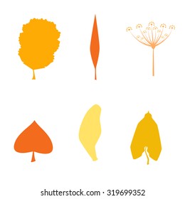 Set of colorful silhouette autumn leaves. Collection silhouette autumn leaves isolated on white background. Various leaves, fall and branch . Nature, eco, season elements for background