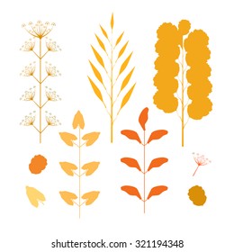 Set of colorful silhouette autumn leaves. Collection silhouette autumn leaves isolated on white background. Various leaves, fall and branch . Nature, eco, season elements for background